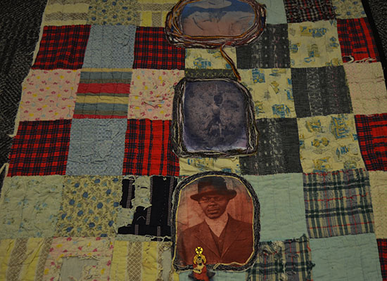 Fragments of quilts bound and displaying the ancestors who used those the old quilts and left their DNA but have been forgotten 